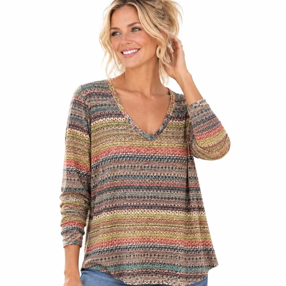 Prana Fair Isle V-Neck Top Womens XL Pastel Geo Organic Ethnic Multicolor
